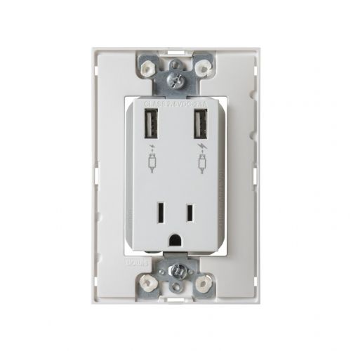 CHASIS + TOMACORRIENTE SIMON 2P+T + 2 CARGADORES USB BLANCO (25454-30)(E)