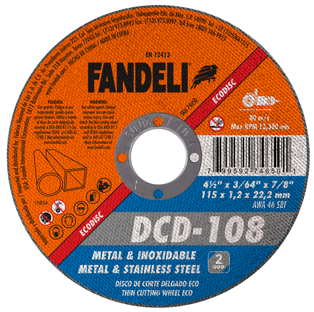 DISCO FANDELI CORTE DELGADO DUO 4-1/2" P/METAL-ACERO INOXIDABLE ECONÓMICO (74650)(H)