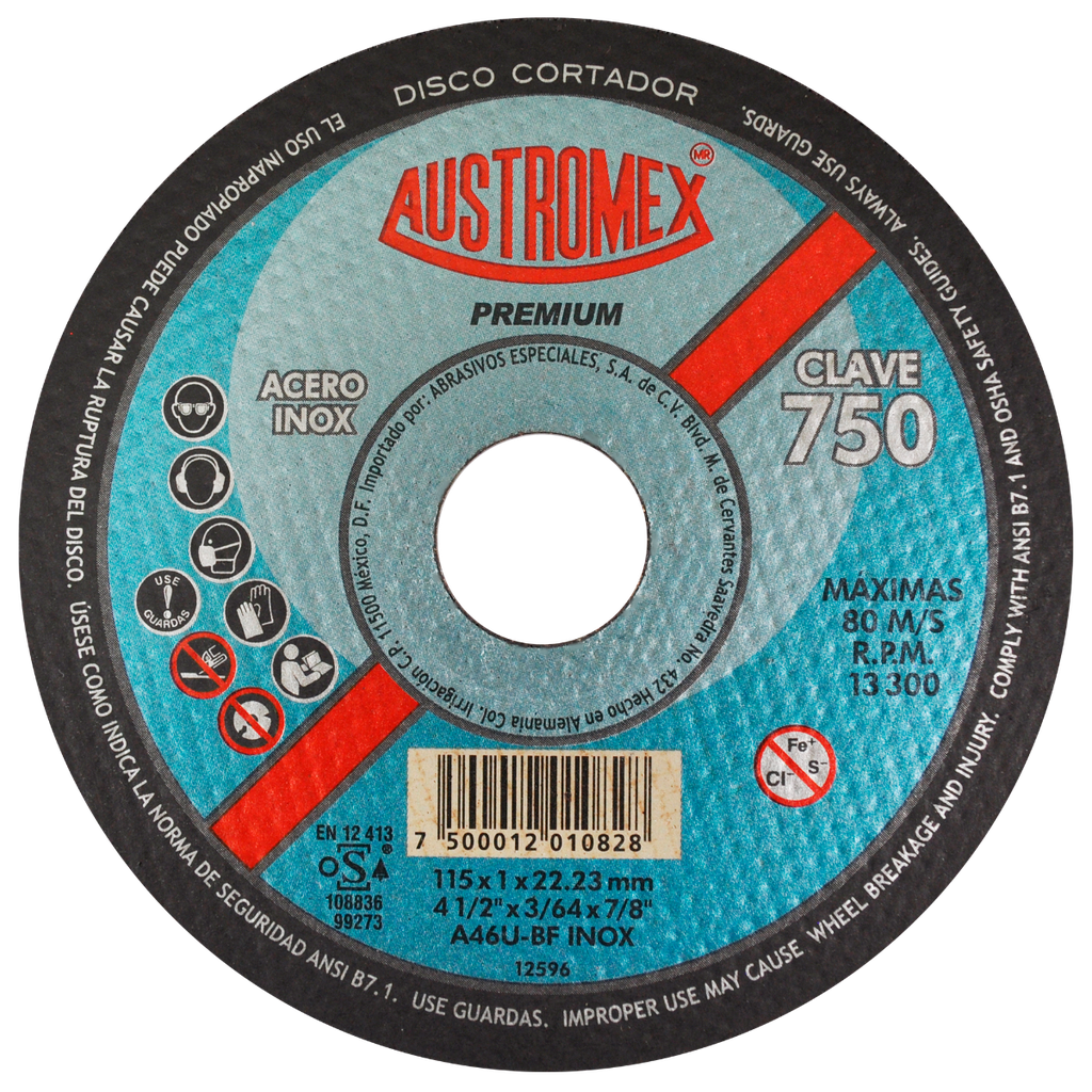 DISCO PLANO AUSTROMEX P/CORTE INOXIDABLE 4-1/2" (750)(H)