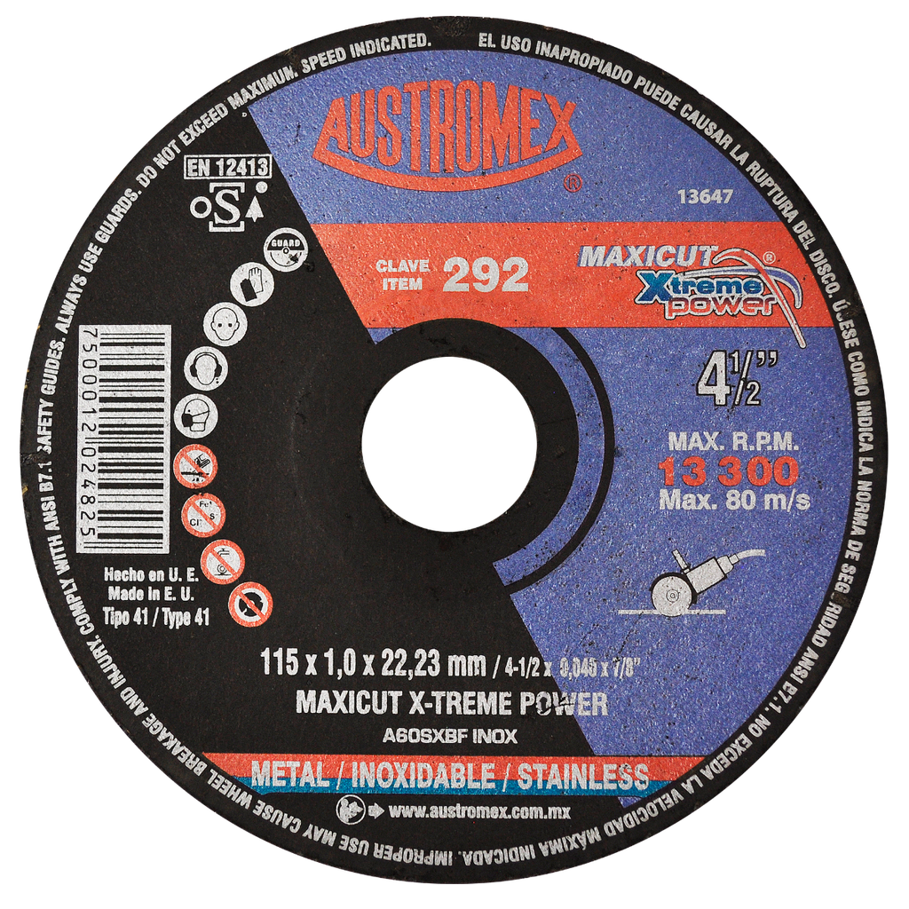 DISCO PLANO AUSTROMEX P/CORTE METAL-INOXIDABLE 4-1/2" (292)(H)
