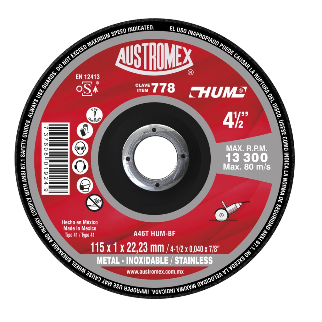 DISCO PLANO AUSTROMEX P/CORTE METAL-INOXIDABLE 4-1/2" (778)(H)