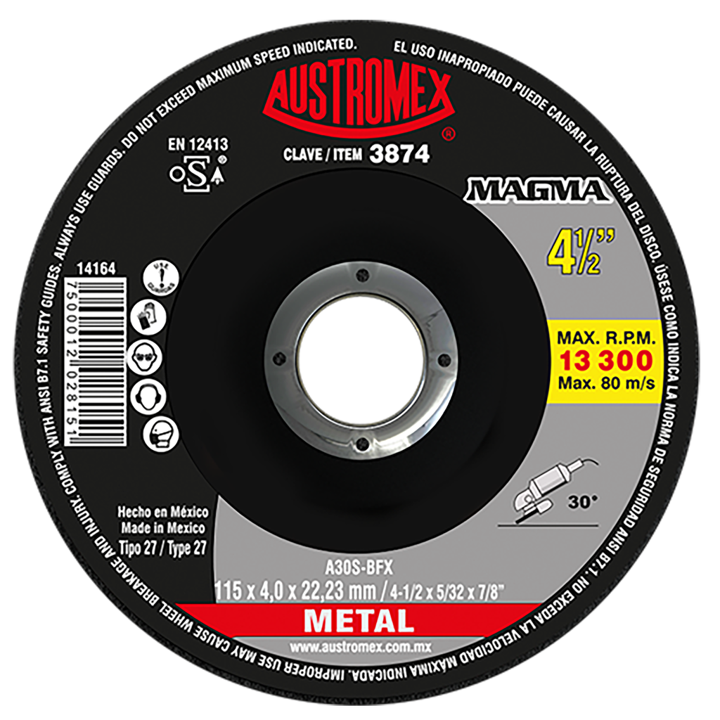 DISCO CAZUELA AUSTROMEX P/CORTE-DESBASTE METAL 4-1/2" (3874)(H)