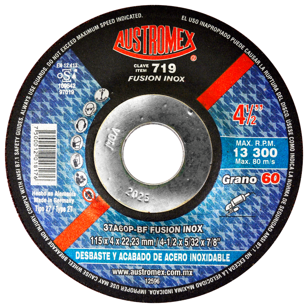 DISCO CAZUELA AUSTROMEX P/DESBASTE INOXIDABLE 4-1/2" GRANO 40 (719)(H)