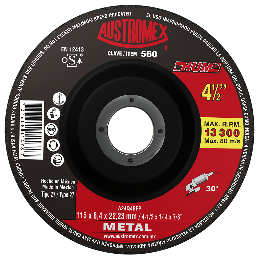 DISCO CAZUELA AUSTROMEX P/DESBASTE METAL 4-1/2" (560)(H)
