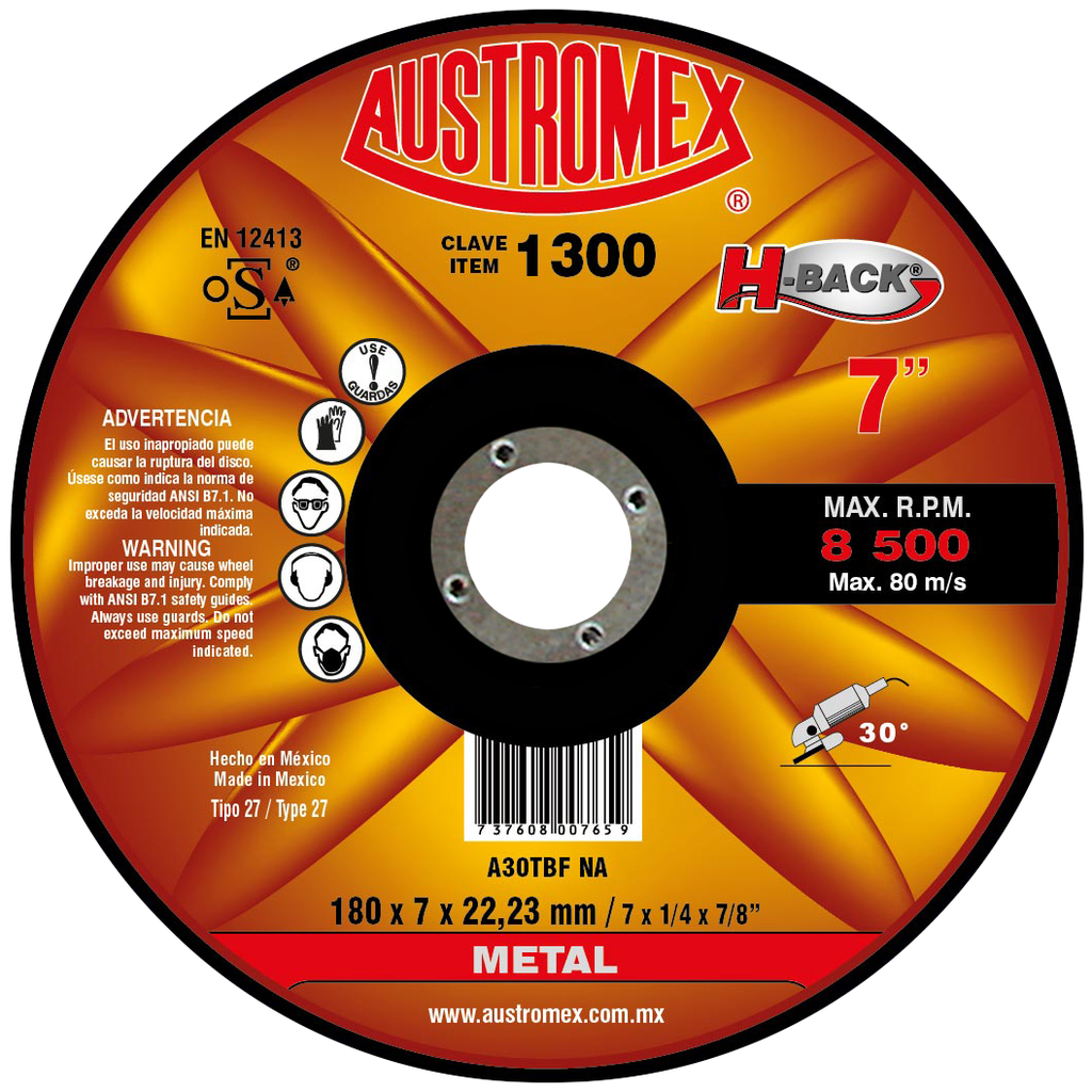 DISCO CAZUELA AUSTROMEX P/DESBASTE METAL 7" (1300)(H) DDD