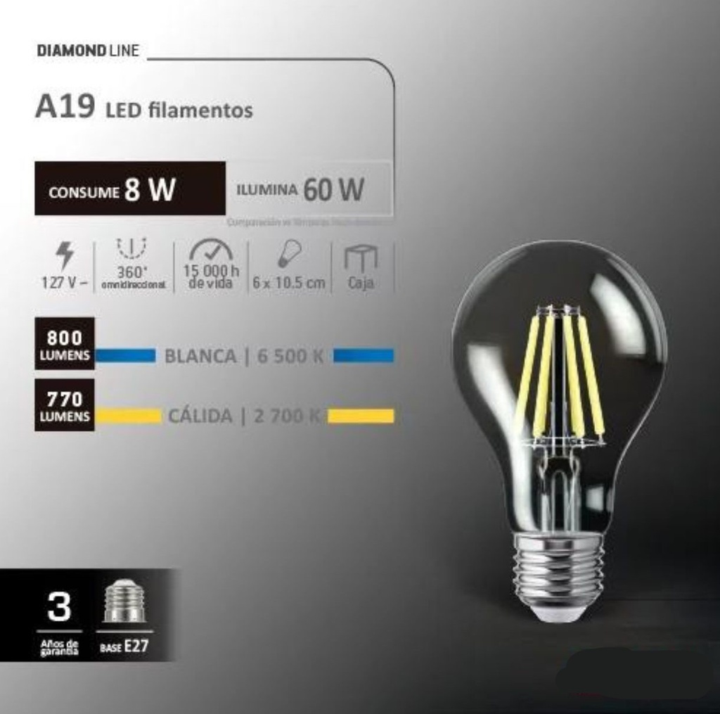 AKSI FOCO LED FILAMENTO A19 8W LUZ CÁLIDA (115596)