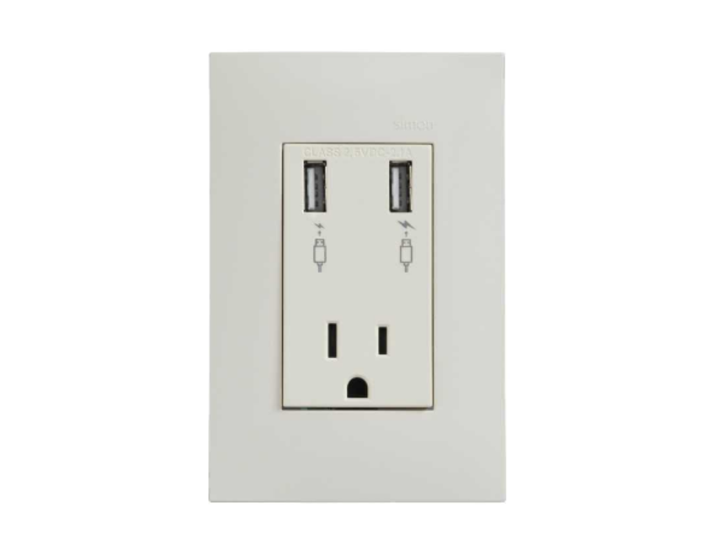 PLACA SIMON C/2 CARGADOR USB + TOMACORRIENTE 2P+T MARFIL (25454-61)(E)