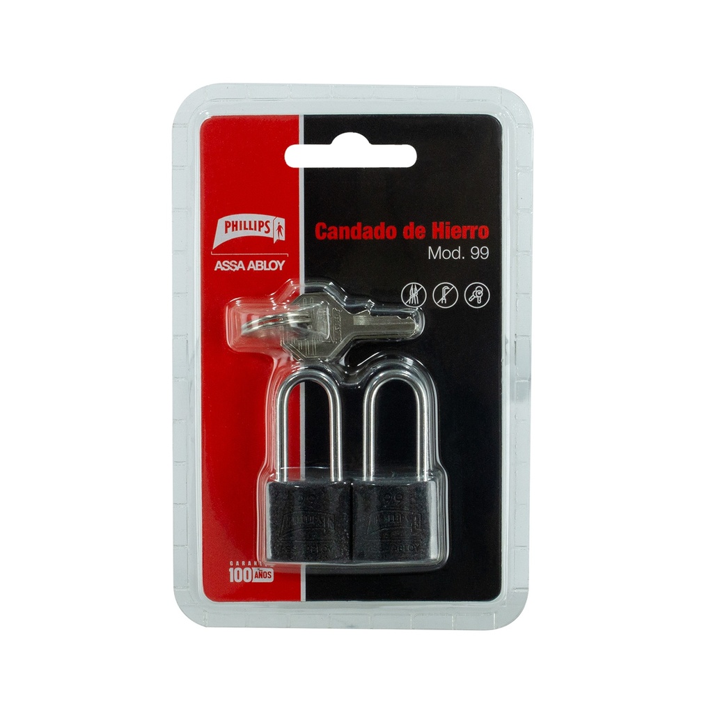 CANDADO PHILLIPS 99 HIERRO GANCHO LARGO GEMELO NEGRO BLISTER (MX7171) (H)
