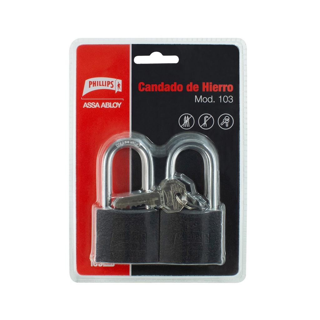 CANDADO PHILLIPS 103 HIERRO GANCHO LARGO GEMELO NEGRO BLISTER (MX7187) (H)