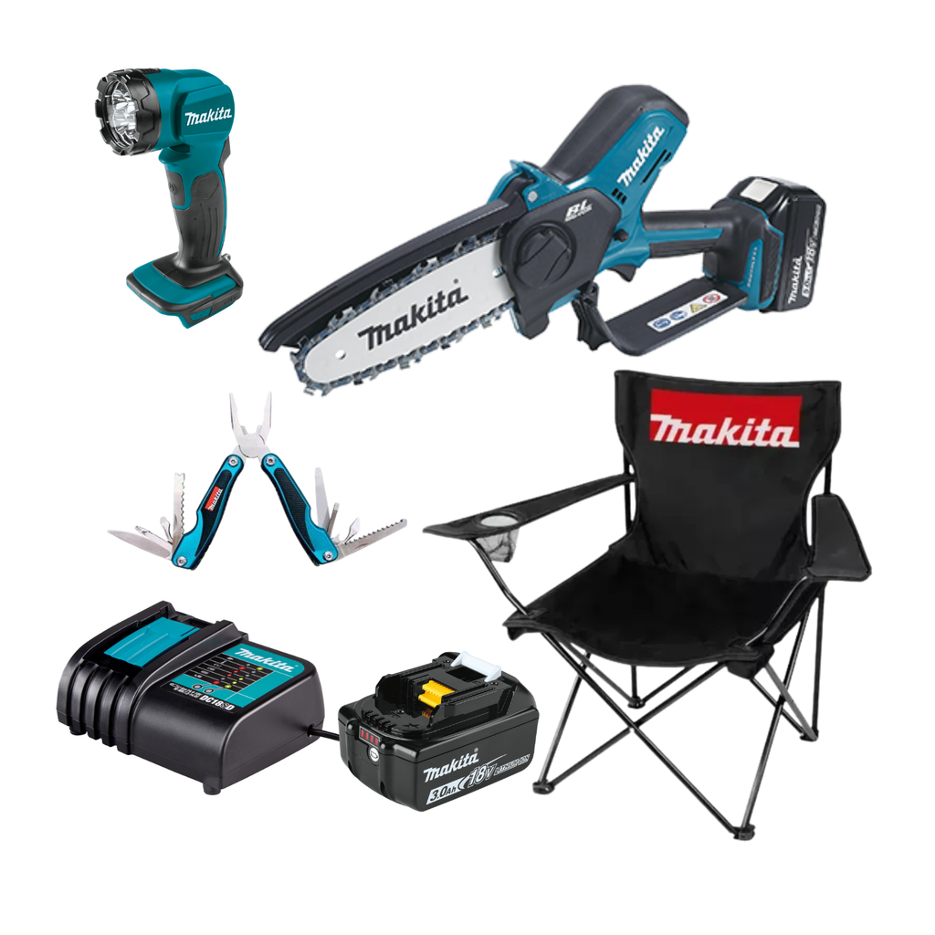 COMBO MAKITA MOTO SIERRA INALÁMBRICA 6" DUC150SF + LAMPÁRA DML815 + 999MULTITOOL + SILLA + 1 BATERÍA BL1830B + 1 CARGADOR DC18SD