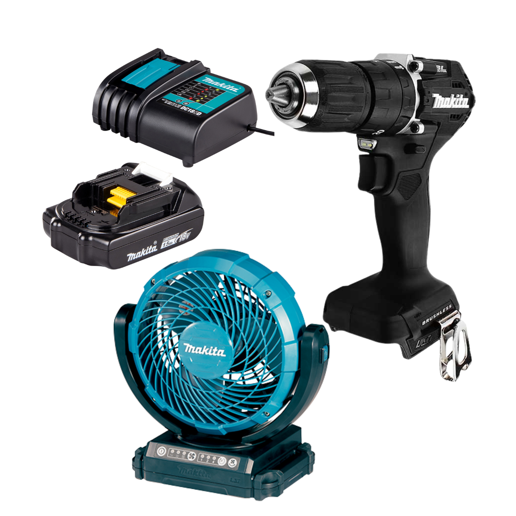 COMBO MAKITA ROTOMARTILLO INALÁMBRICO DHP487YX2B + BATERÍA BL1815N +CARGADOR DC18SD + VENTILADOR DCF102Z