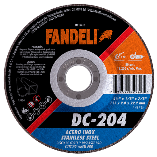 [FADCORT72948] DISCO CAZUELA FANDELI P/CORTE-DESBASTE ACERO INOXIDABLE 4-1/2" (72948)