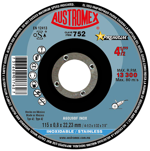 [AU061ECINX0752DE] DISCO CAZUELA AUSTROMEX P/CORTE INOXIDABLE 4-1/2" (752)(H)