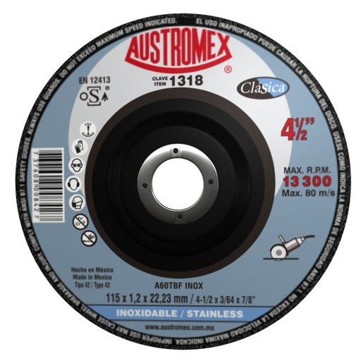 [AU061DCINX1318DE] DISCO CAZUELA AUSTROMEX P/CORTE ACERO INOXIDABLE 4-1/2" (1318)(H)
