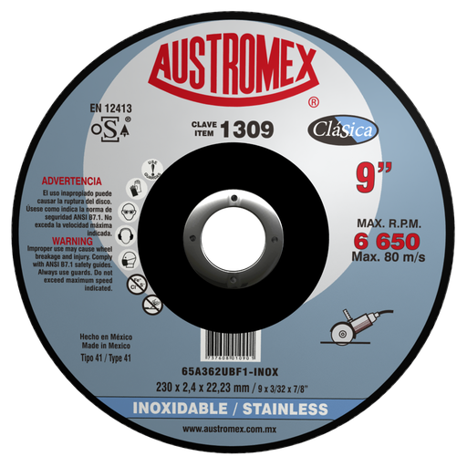 [AU123DINX1309] DISCO PLANO AUSTROMEX P/CORTE ACERO INOXIDABLE 9" (1309)(H)
