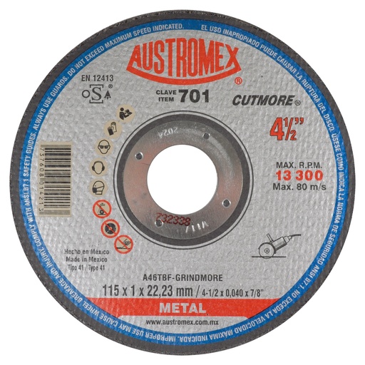 [AU076DCM0701DEL] DISCO PLANO AUSTROMEX P/CORTE METAL 4-1/2" (701)(H)