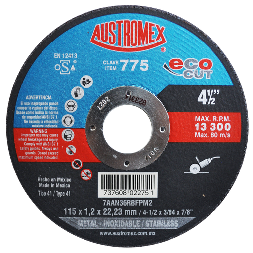 [AU072EDC0775] DISCO PLANO AUSTROMEX P/CORTE METAL-INOXIDABLE 4-1/2" (775)(H)