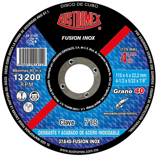 [AU027DDINX0718] DISCO CAZUELA AUSTROMEX P/DESBASTE INOXIDABLE 4-1/2" GRANO 40 (718)(H)