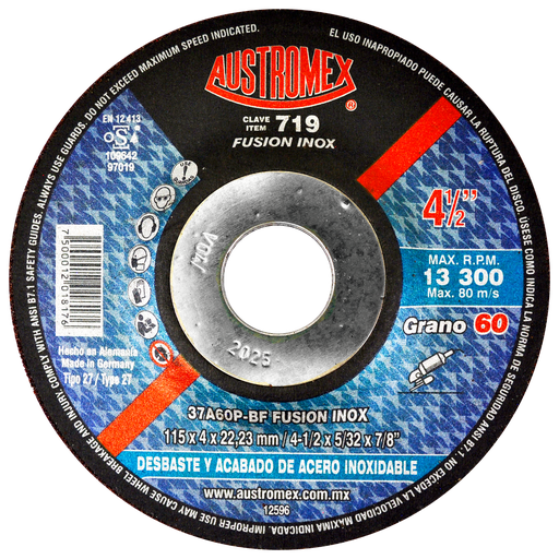 [AU028DDINX0719] DISCO CAZUELA AUSTROMEX P/DESBASTE INOXIDABLE 4-1/2" GRANO 40 (719)(H)