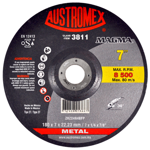 [AU019DDM3811] DISCO CAZUELA AUSTROMEX P/DESBASTE METAL 7" (3811)(H) DDD