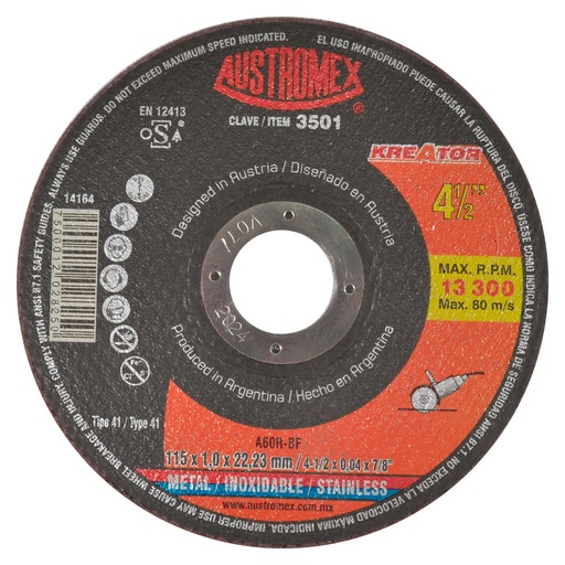 [AU622DC3501] DISCO PLANO AUSTROMEX P/CORTE METAL-INOXIDABLE 4-1/2" (3501)(H)