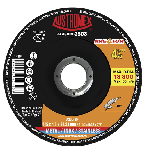 [AU632DD3503] DISCO CAZUELA AUSTROMEX P/CORTE-DESBASTE METAL-INOXIDABLE 4-1/2" (3503)(H)