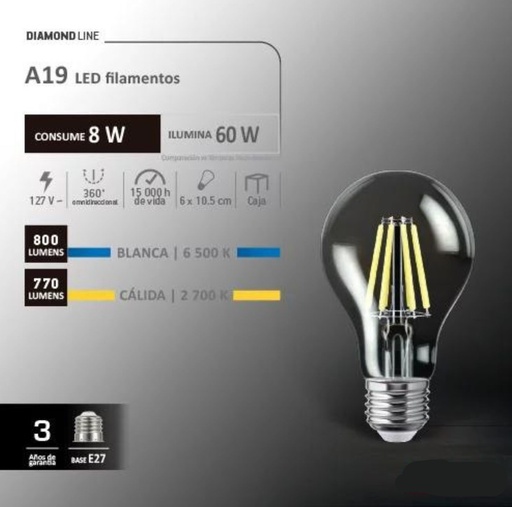 [IGOFAAK115596] AKSI FOCO LED FILAMENTO A19 8W LUZ CÁLIDA (115596)