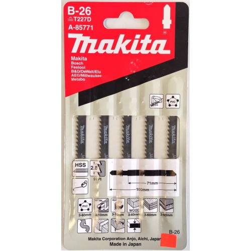 [MKTSEGA-85771] SEGUETA P/CALADORA MAKITA P/MADERA-PLÁSTICO-ALUMINIO CORTE CURVO (B-26) C/5PZ (A-85771) (H)