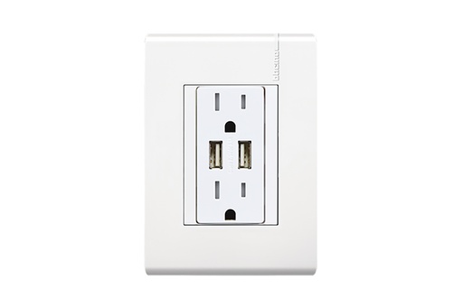 [BTMPE6028USBPTLA] MPRO BTICINO PLACA BLANCA C/TOMACORRIENTE DÚPLEX 2P+T C/PROTECCIÓN INFANTIL + 2 CARGADORES USB 3.1A (E6028USBPTLAB)