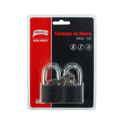 [PHCA0GLM181] CANDADO PHILLIPS 102 HIERRO GANCHO LARGO GEMELO NEGRO BLISTER (MX7181)(H)