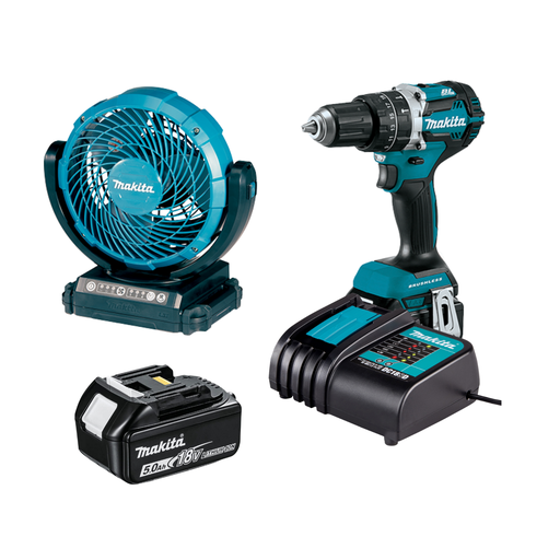 [MKTESM-CMB05] COMBO MAKITA ROTOMARTILLO  INALÁMBRICO DHP484ST + BATERÍA BL1850B + CARGADOR DC18SD + VENTILADOR DCF102Z